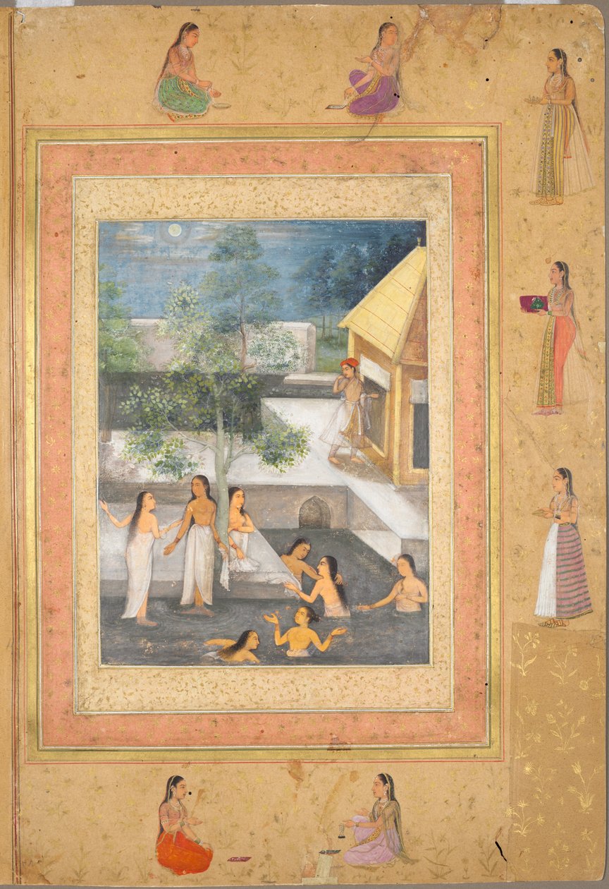 हरेम नाइट-बाथिंग सीन (रेक्टो): फूलों और पक्षियों की एक सजावटी सीमा (फंदा) द्वारा रचित सुलेख, सी। 1650 (कागज पर स्याही और रंग) द्वारा मुगल स्कूल