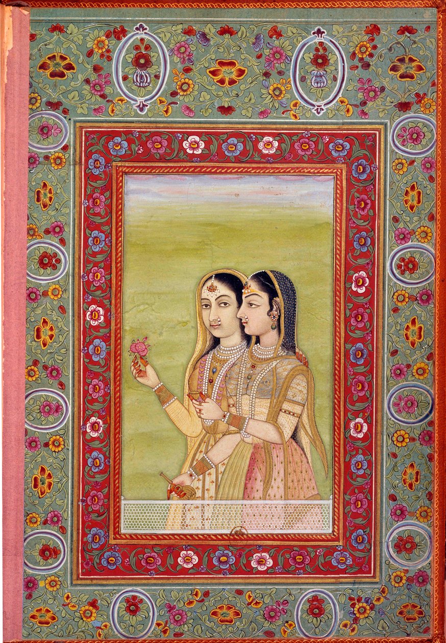 भारतीय कला: दो महिलाओं का प्रतिनिधित्व करने वाला लघुचित्र। १७वीं शताब्दी (मुघोल काल) पेरिस, बीएन द्वारा मुगल स्कूल