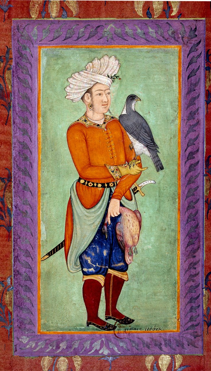 भारतीय कला: शिकार के लिए बाज पकड़े एक उज़्बेक राजकुमार का प्रतिनिधित्व, दूसरी ओर एक मृत शिकार। एक पांडुलिपि से मुगल काल से जल रंग द्वारा मुगल स्कूल