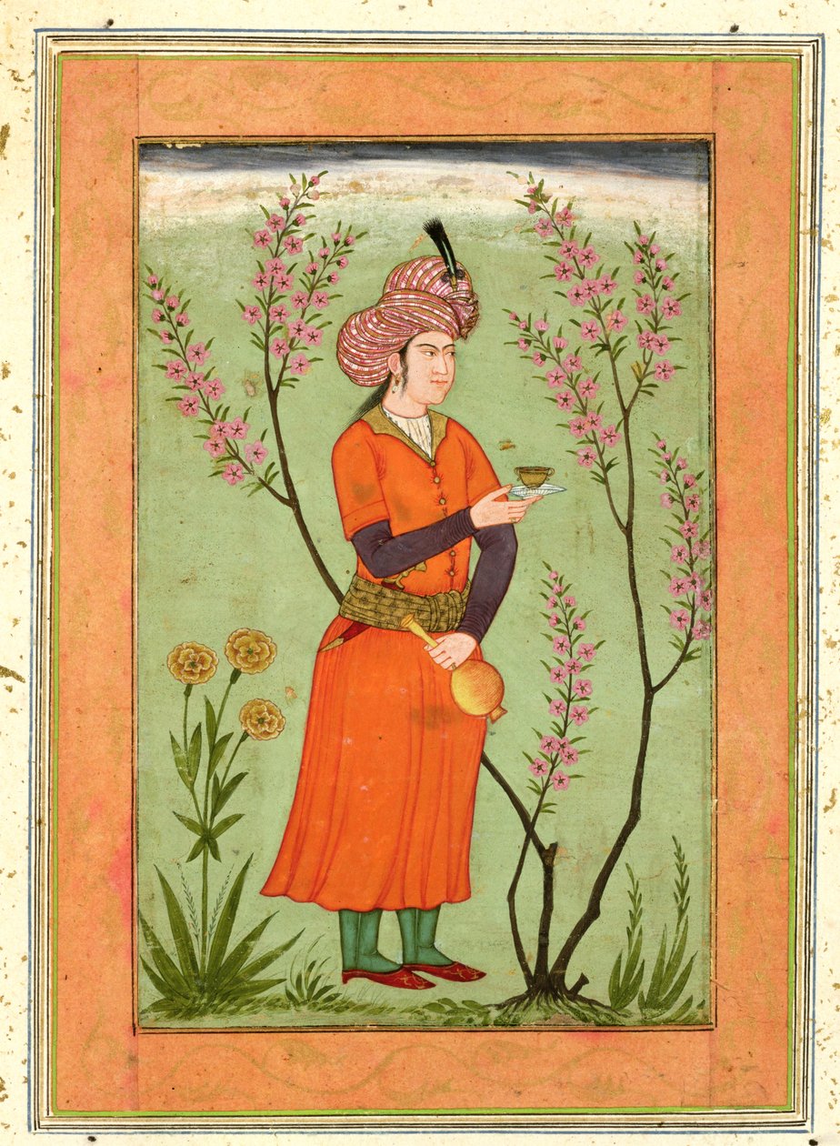 लार्ज क्लाइव एल्बम से ईरानी राजसी एक कप और फ्लास्क पकड़े हुए, c.1640 द्वारा मुगल स्कूल