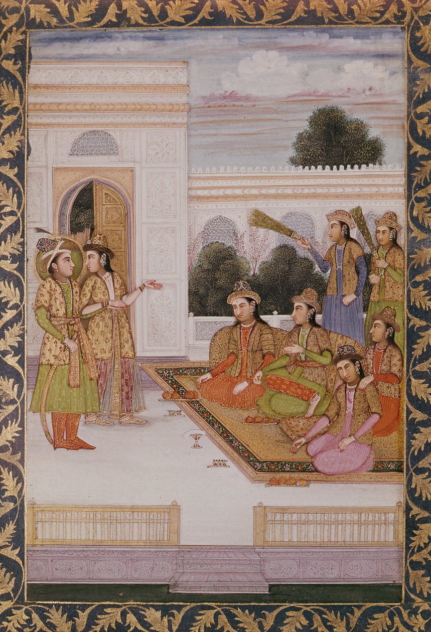 यूसुफ ने ज़ूलीका, पोतिफ़र्स की पत्नी, मिज़ की पत्नियों को पेश किया, जोमी की लोकप्रिय फारसी कविता यूसुफ और जुलीखा की कड़ी (1414-92) c.1780 द्वारा मुगल स्कूल
