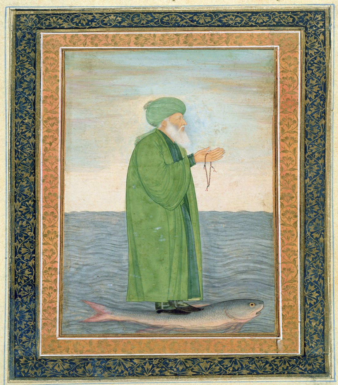 छोटे क्लाइव एल्बम (कागज पर अपारदर्शी wc) से मछली पर सवार ख़वा ख़िज़िर खान द्वारा मुगल स्कूल