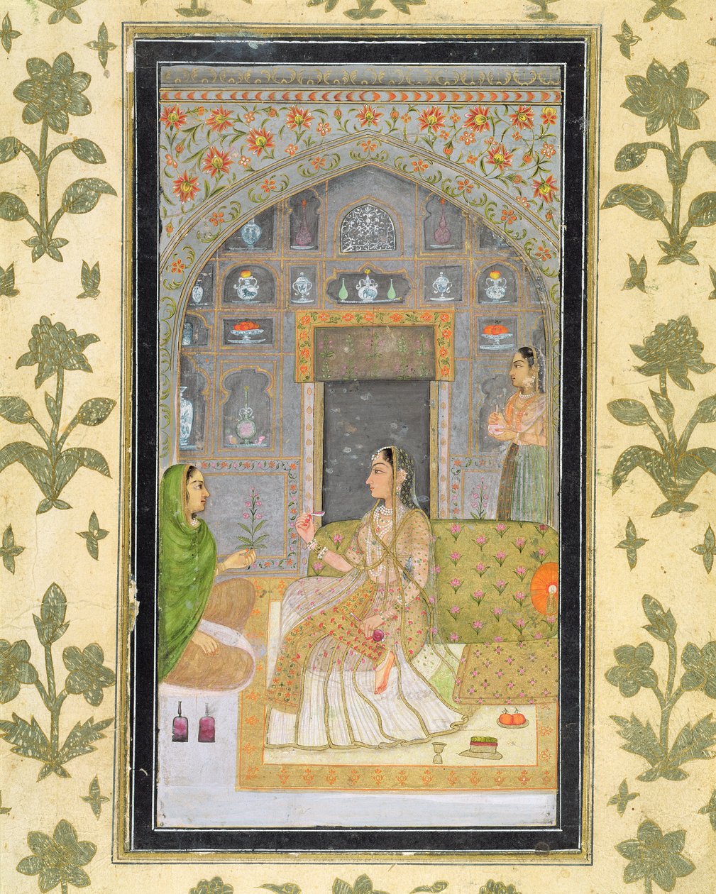 लेडी, छोटे क्लाइव एल्बम (कागज पर अपारदर्शी wc) से परिचारकों के साथ मंडप में बैठी द्वारा मुगल स्कूल