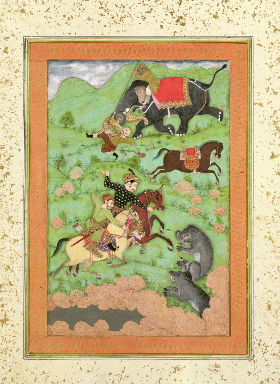 राजपूत राजकुमार भालू का शिकार करते हैं; एक महावत और उसके हाथी ने एक बाघ से गिरे घुड़सवार को बड़े क्लाइव एल्बम से बचाया द्वारा मुगल स्कूल