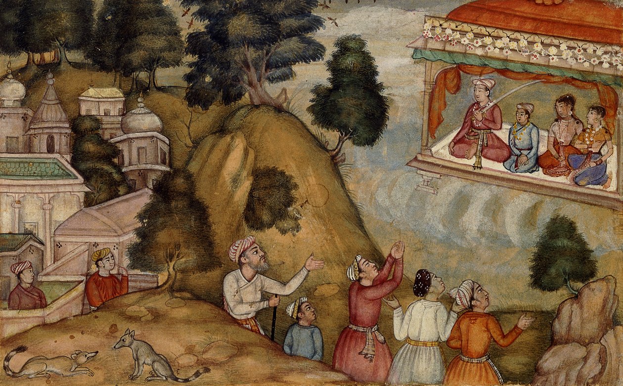 ग्रामीणों ने एक व्यक्ति को श्रद्धांजलि अर्पित की और एक गारलैंडेड वेरैंडाह पर बैठा परिवार, c.1585 द्वारा मुगल स्कूल