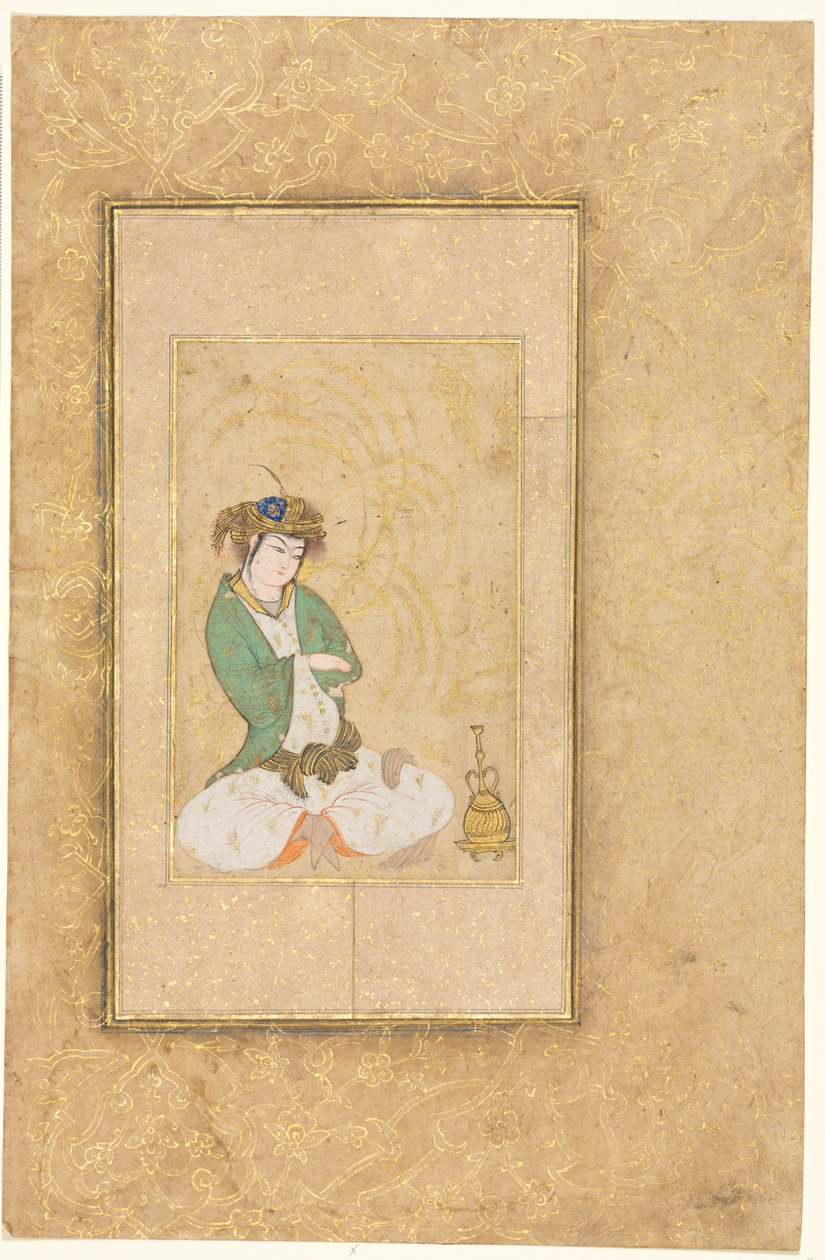 विलो, सिंगल पेज इलस्ट्रेशन, सी द्वारा युवक बैठा। 1600-1650। द्वारा मुहम्मद यूसुफ