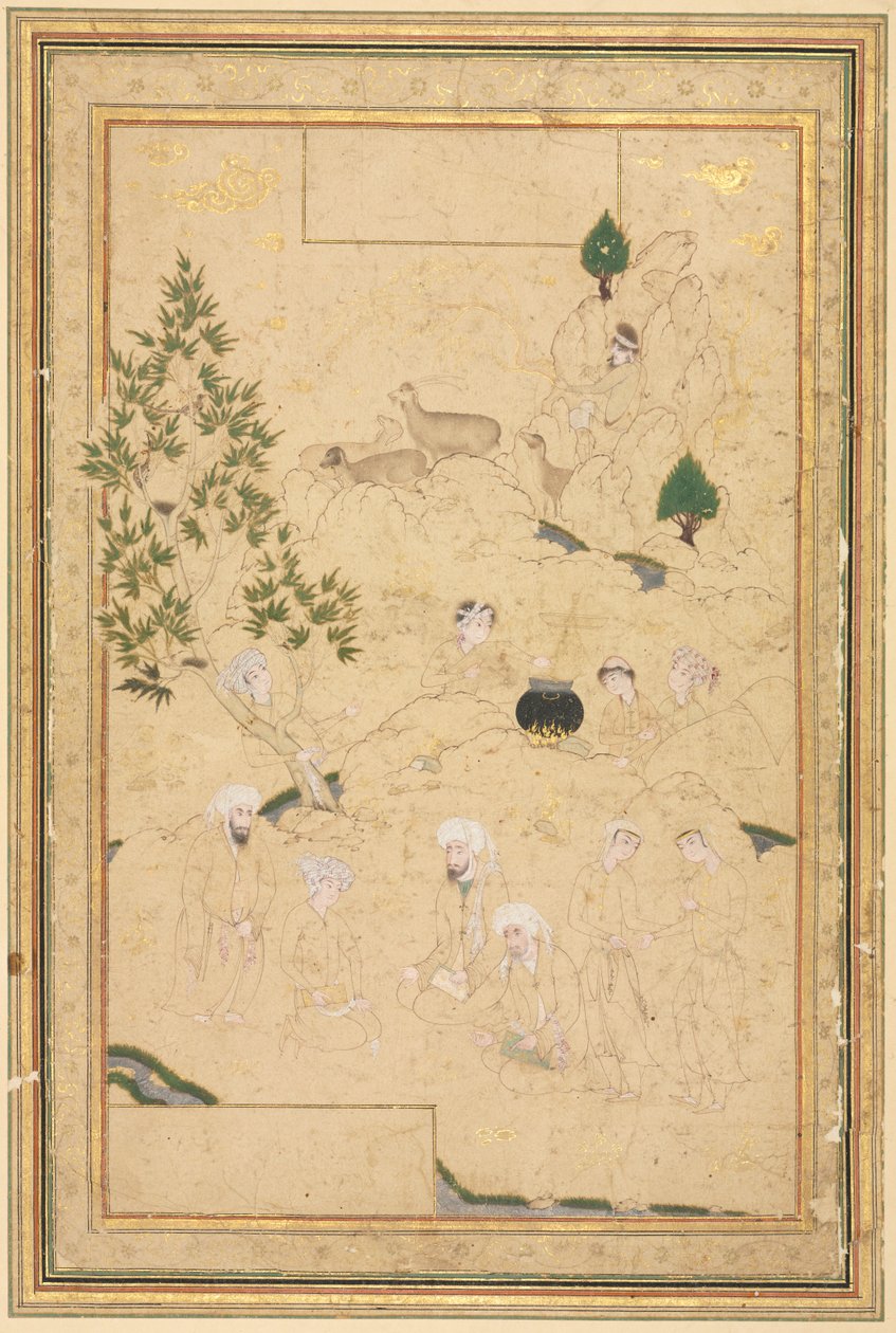 पहाड़ों में पिकनिक, सिंगल पेज इलस्ट्रेशन, सी। 1550-1600। द्वारा मुहम्मदी