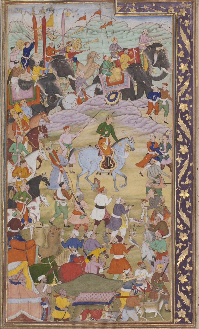 सम्राट अकबर गुजरात के रास्ते में सांगानेर पर हमला करता है, 1600-10 (कागज पर अपारदर्शी wc और सोना) द्वारा मुकुंद