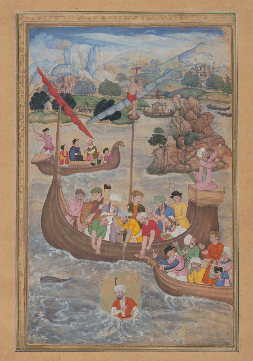 सिकंदर को समुद्र में उतारा गया, अमीर खुसरो के खम्सा पंचक से फोलियो..., 1597-98। द्वारा मुकुंद