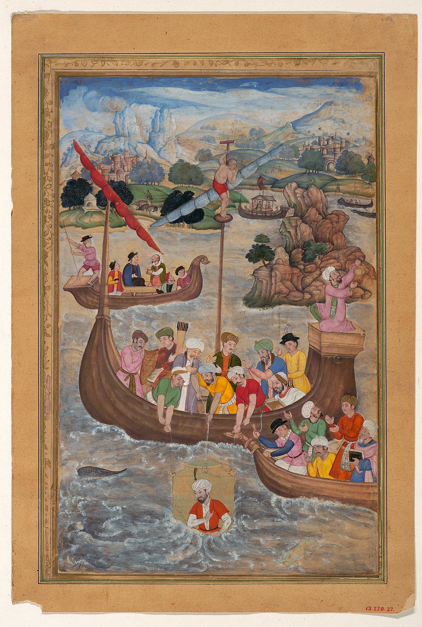 अलेक्जेंडर एक गोताखोरी की घंटी में समुद्र में उतारा, 1597-8 (कागज पर स्याही, जल रंग और सोना) द्वारा मुकुंद अत्तर। मुकुंद अत्तर के लिए। को