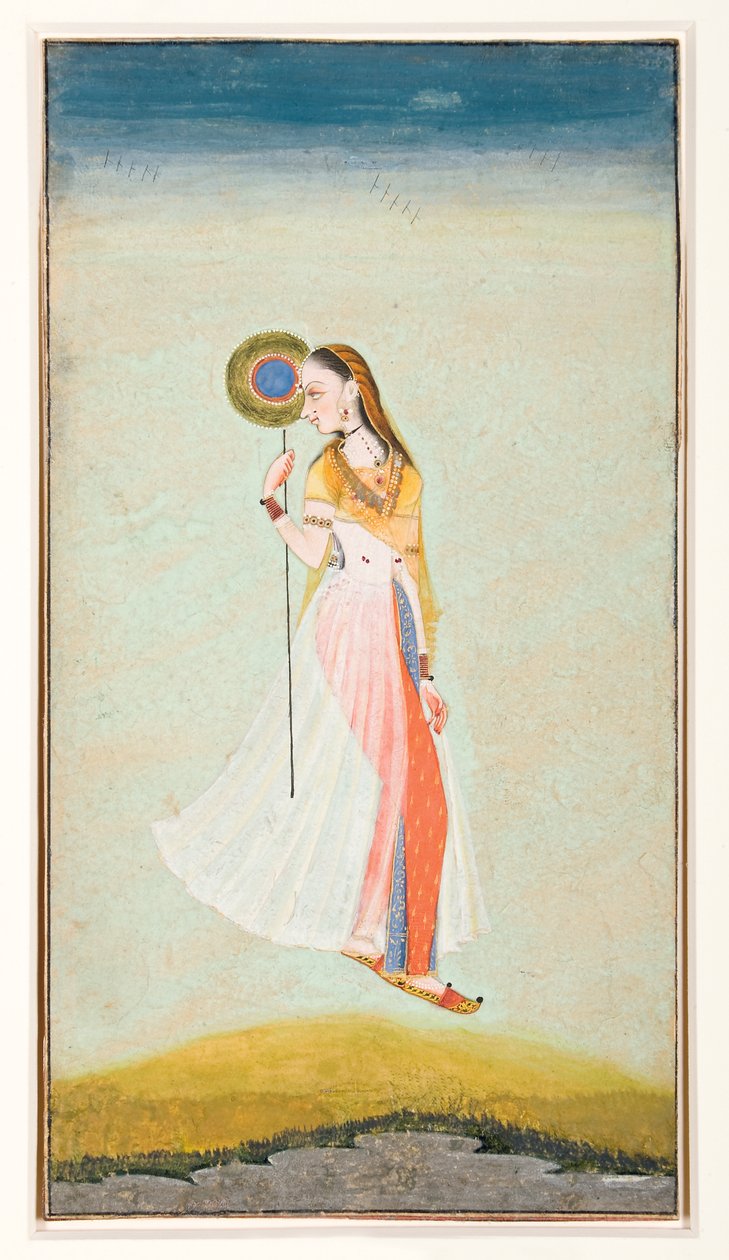 एक महिला की नाज़र तस्वीर जो एक प्रशंसक की है और उसके कंधे पर पीछे की ओर देख रही है, 1722 (कागज पर अपारदर्शी wc और सोना) द्वारा मुराद