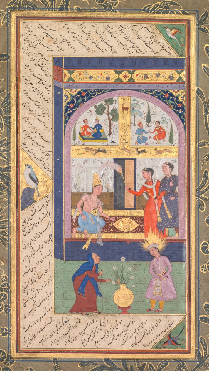 ज़ुलयखा अपने महल में और जोसेफ के साथ एक बूढ़ी औरत के रूप में, पंज गंज से पांच खजाने ..., 1603-1 द्वारा मुशफिक़
