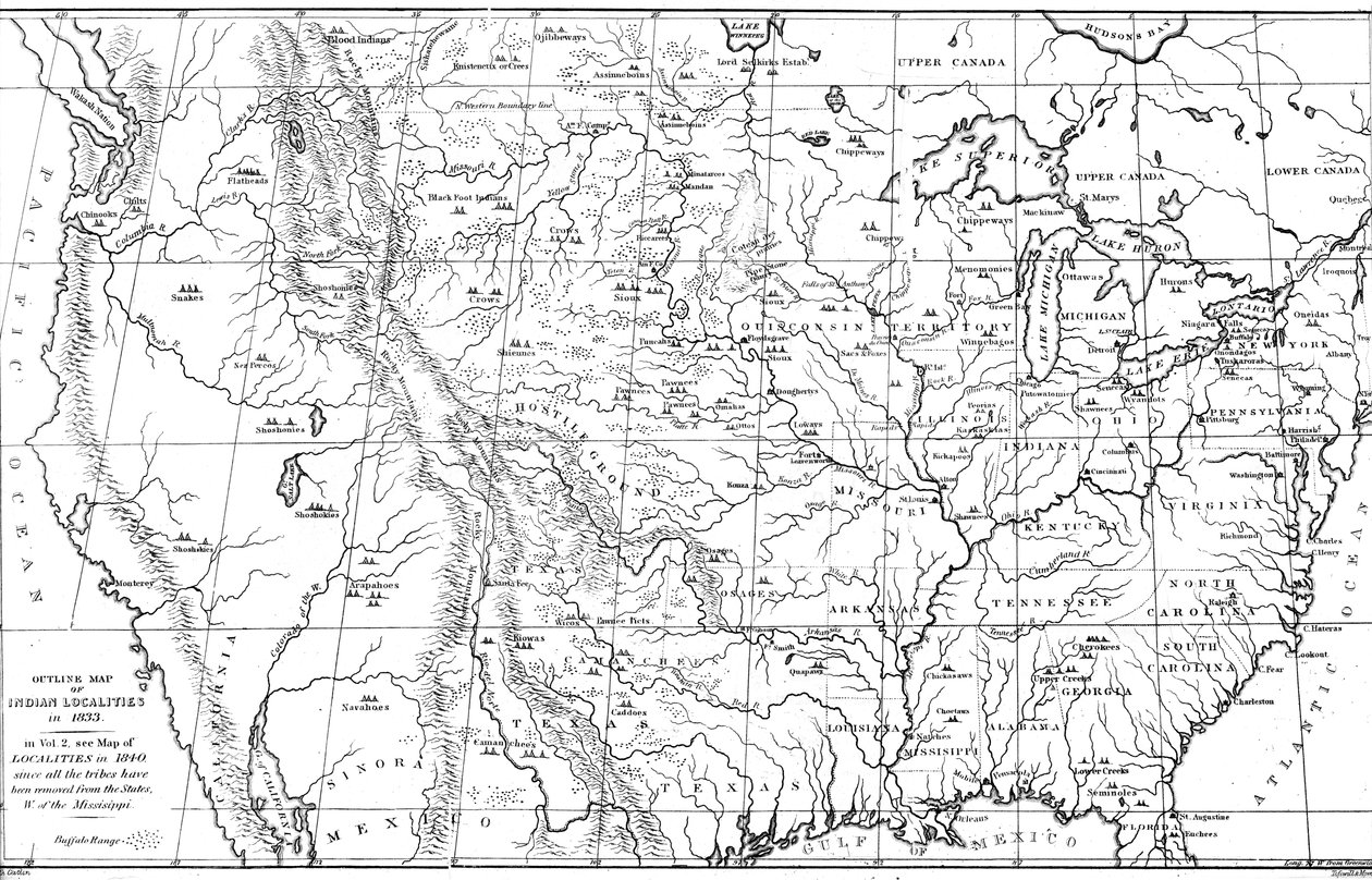 मूल अमेरिकी जनजातियों के स्थानों के साथ उत्तरी अमेरिका का नक्शा, 1841। द्वारा मायर्स एंड को
