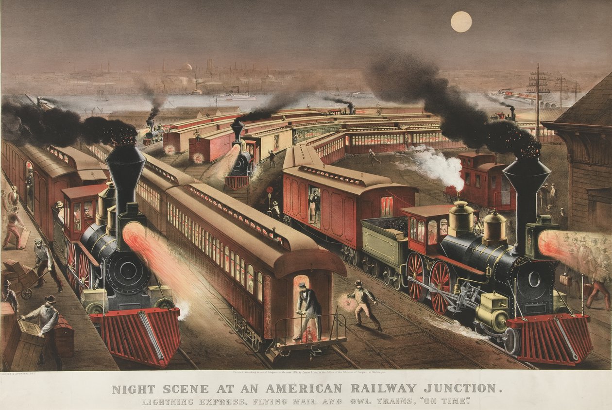 एक अमेरिकी रेलवे जंक्शन, 1876 में नाइट सीन द्वारा नथानिएल करियर