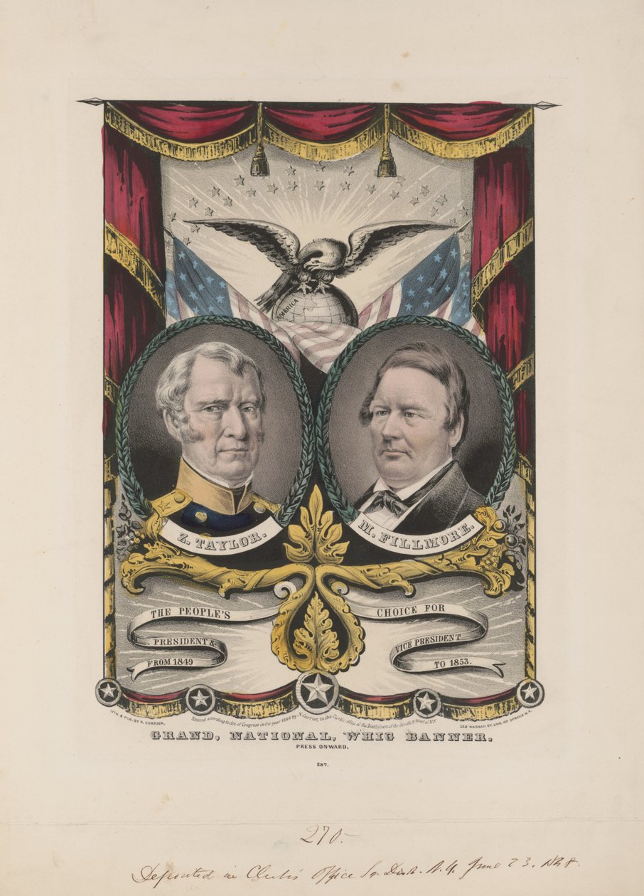 ग्रैंड नेशनल व्हिग बैनर, c.1848 (कलर लिथोग्राफ) द्वारा कैरियर और Ives