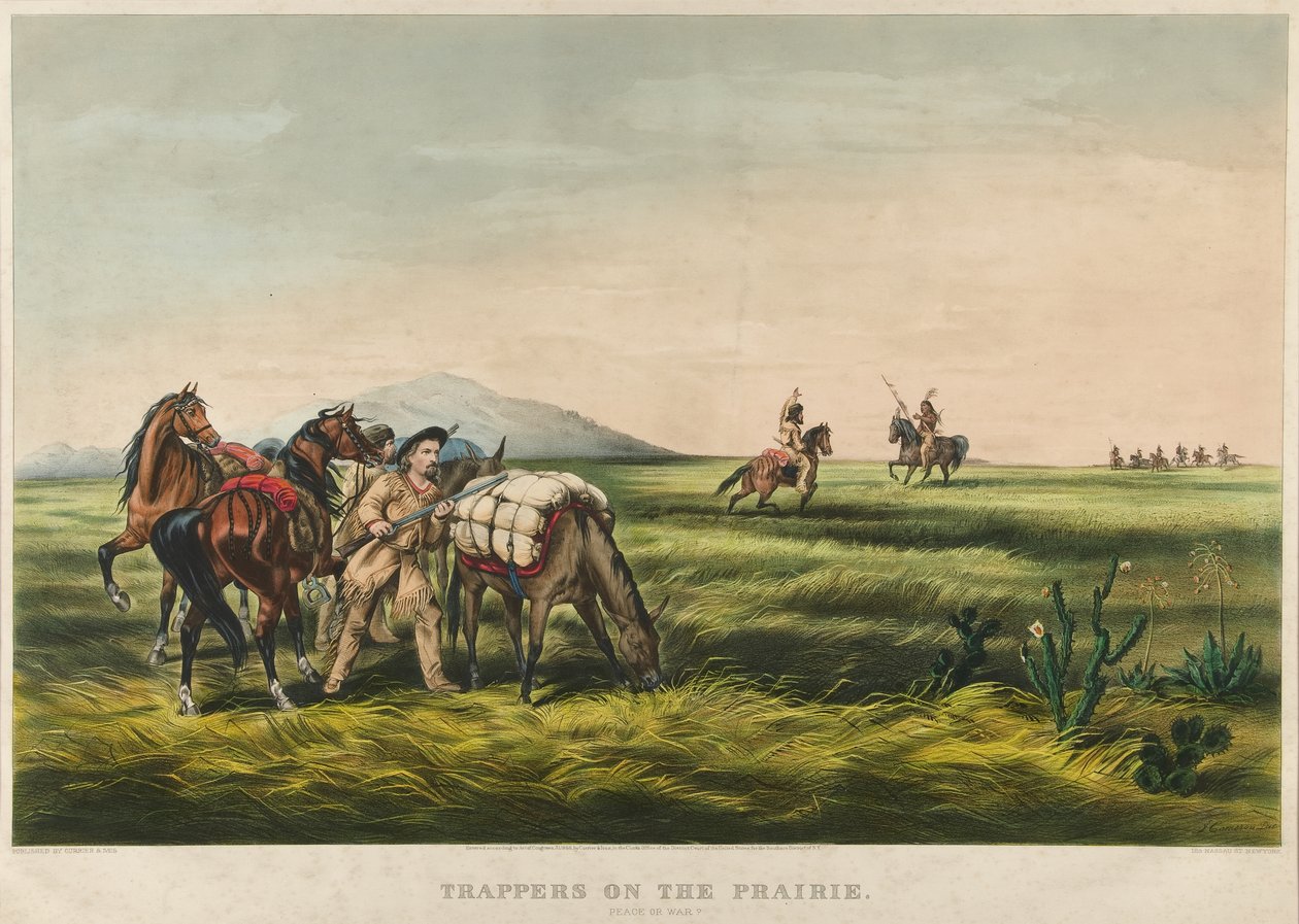 प्रेयरी पर ट्रैपर्स / शांति या युद्ध? 1866 (रंग लिथोग्राफ) द्वारा कैरियर और Ives