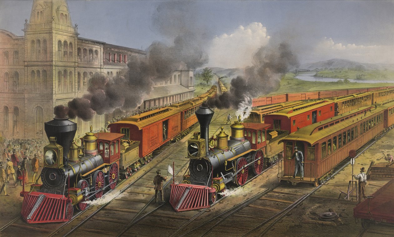 अमेरिकन रेलरोड दृश्य: लाइटनिंग एक्सप्रेस ट्रेनें, 1874 जंक्शन से निकलती हैं द्वारा एन। और इव्स, जेएम क्यूरियर