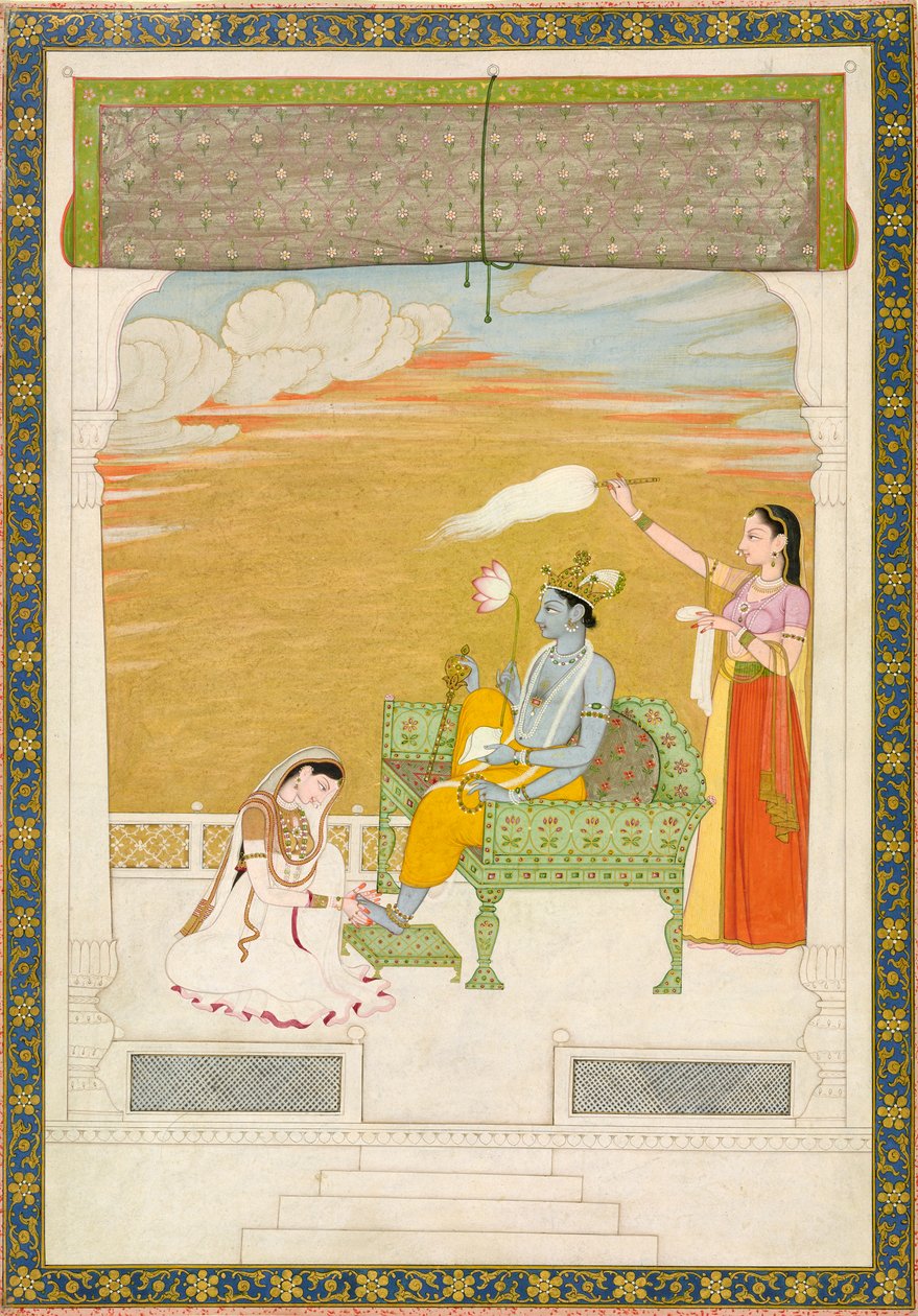 विष्णु के पैर की मालिश करती लक्ष्मी, सी. 1765-1770। निर्माता: नैनसुख, मंजू. द्वारा नैनसुख मंजू