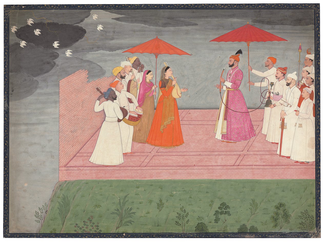 बारिश के मौसम में बलवंत देव सिंह के लिए राग बजाते संगीतकार, सी .1745-50 द्वारा नानसुख