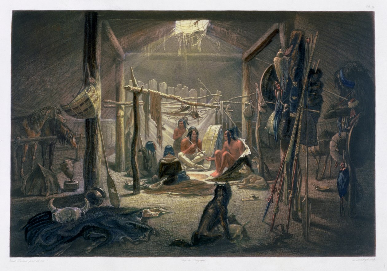 मंडन प्रमुख की झोपड़ी का आंतरिक भाग, 1843 द्वारा नार्सिस डेसमैड्रिल