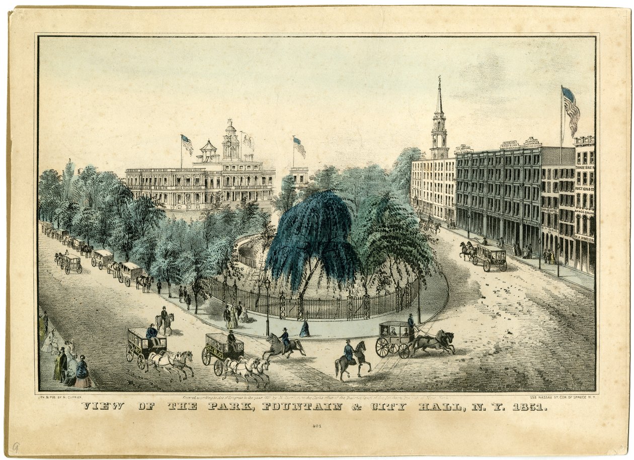 पार्क का दृश्य, फाउंटेन अंड सिटी हॉल, एनवाई 1851, 1851 द्वारा नथानिएल करियर