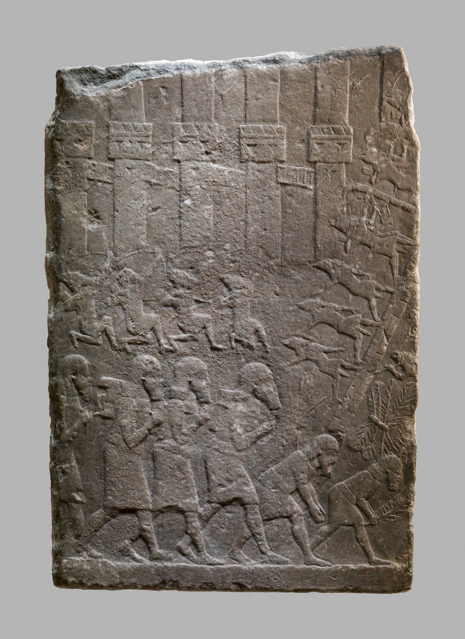 एक गढ़ में गढ़ने वाले असीरियन का युद्ध दृश्य, c.704-681 ईसा पूर्व (जिप्सम अलबास्टर) द्वारा नव असीरियन