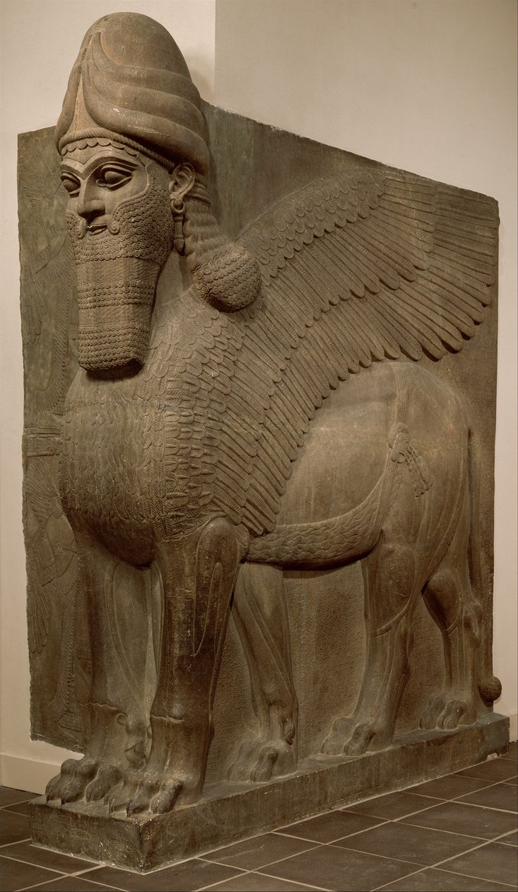 मानव-प्रधान पंखों वाला शेर (लामासु), c.883–859 ईसा पूर्व (जिप्सम अलबास्टर) द्वारा नव असीरियन