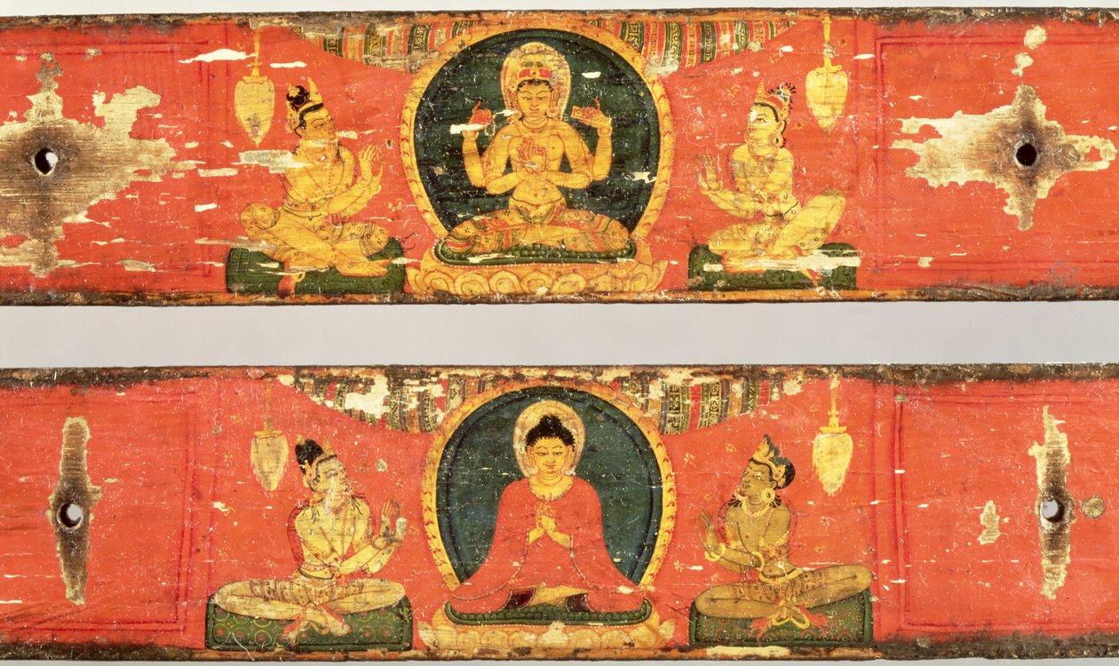 Sodra कवर, c.1100 (पॉलीक्रोम वुड) (114238 का विवरण) से घिरा बोधिसत्व (प्रजनापरमिता) और बुद्ध एक मंडोर (नीचे) से घिरा बुद्ध द्वारा नेपाली स्कूल