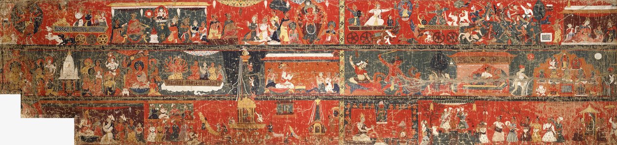 लाल अवलोकितेश्वरा, 1712 की कथा के एक संस्करण का प्रतिनिधित्व करने वाली एक बड़ी नेपाली ऐतिहासिक पेंटिंग द्वारा नेपाली स्कूल