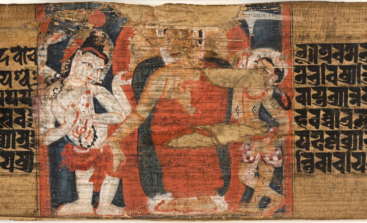 स्वर्ग से फूलियो 126 बी बुद्ध वंश, अस्तसहसिका प्रज्ञापारमिता (ताड़ के पत्तों और लकड़ी पर स्याही और रंग) (430762 का विवरण) द्वारा नेपाली स्कूल