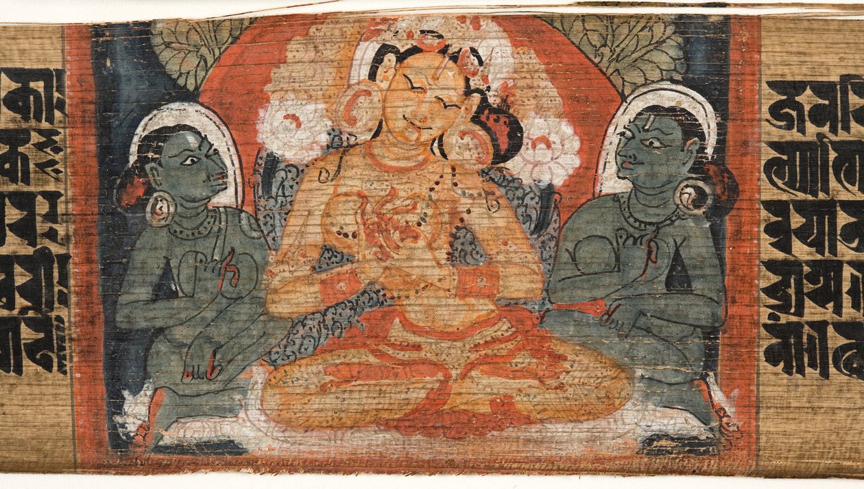 फेलियो 2r देवी प्रजनापरमिता, अस्तासहस्रिका प्रजनापरमिता (ताड़ के पत्ते और लकड़ी पर स्याही और रंग) (430760 का विवरण) द्वारा नेपाली स्कूल