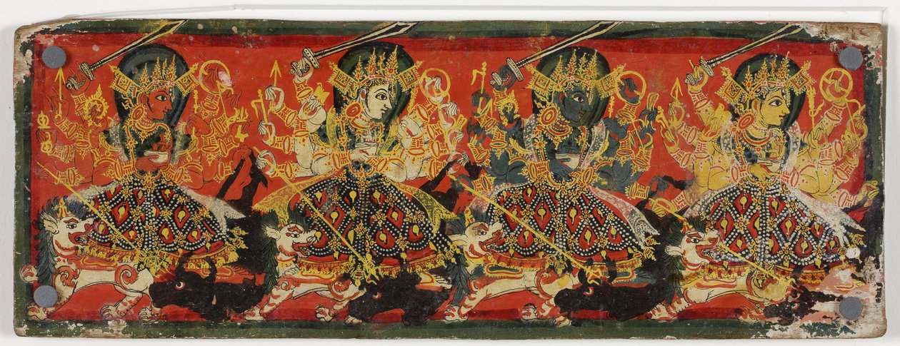 पांडुलिपि की एक जोड़ी में देवी को आठ माताओं के रूप में दर्शाया गया है (लकड़ी पर wc) द्वारा नेपाली स्कूल