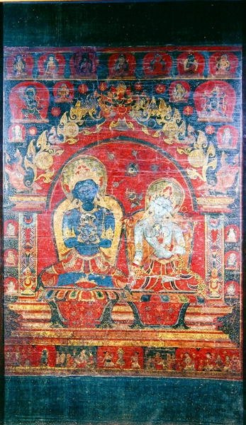 आदिबुद्ध वज्रधारा का चित्रण करते हुए थंगका चित्र (रेशम पर गौचे) द्वारा नेपाली स्कूल
