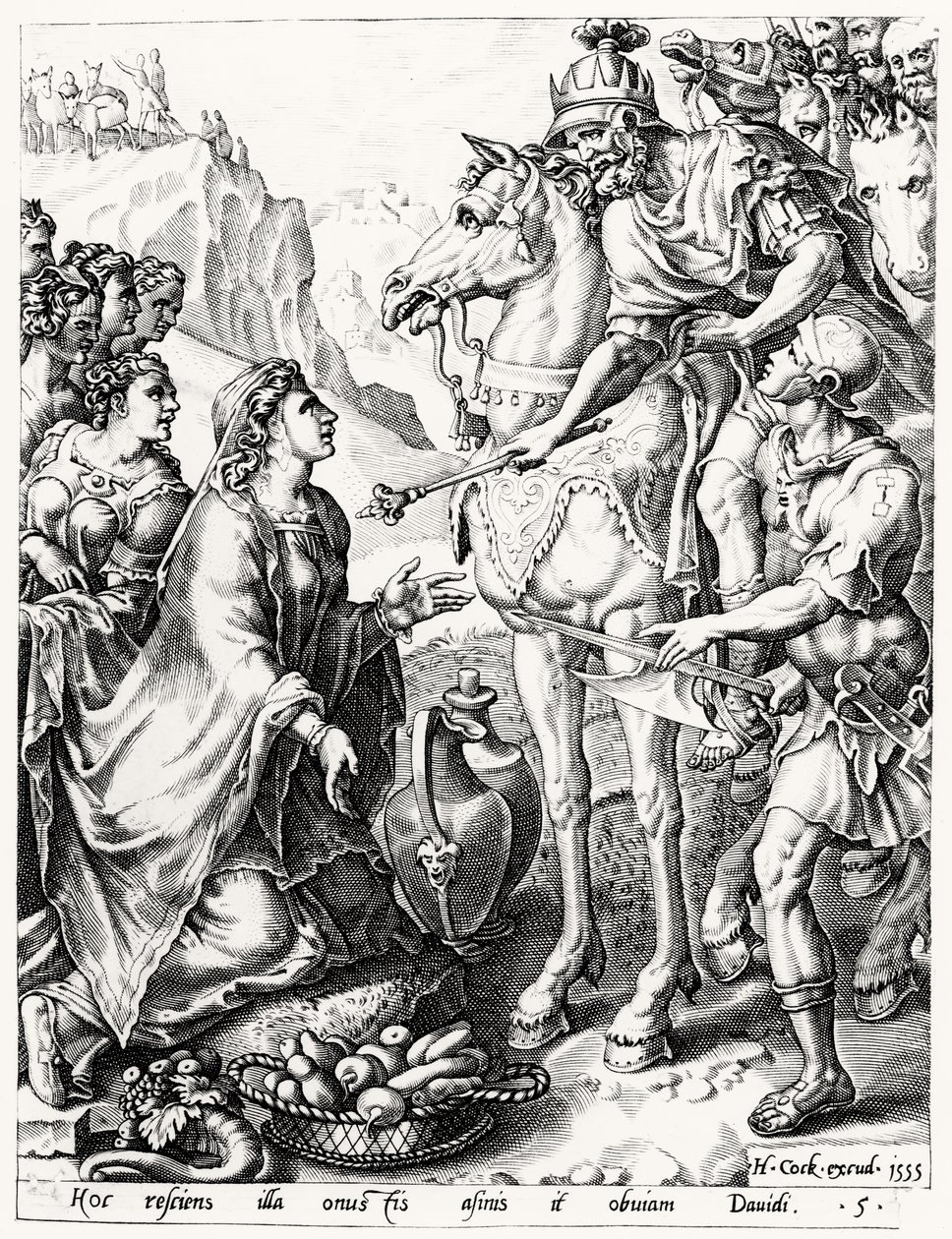 किंग डेविड को अबीगैल की पेशकश, हिरेमोनस कॉक (c.1510-70) 1555 द्वारा उत्कीर्ण द्वारा नीदरलैंड के स्कूल