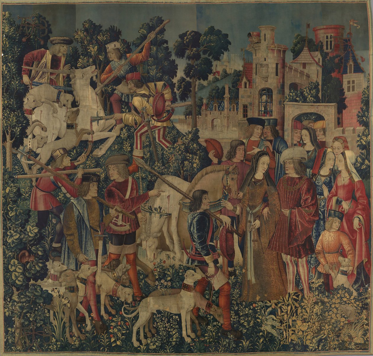यूनिकॉर्न को मार दिया गया और महल में लाया गया, c.1500 (ऊन, रेशम, चांदी और गिल्ट के साथ ऊन ताना) द्वारा नीदरलैंड के स्कूल
