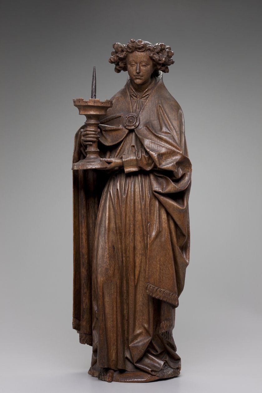एंजेल होल्डिंग कैंडलस्टिक, c.1480-1500 (ओक) द्वारा नीदरलैंड के स्कूल