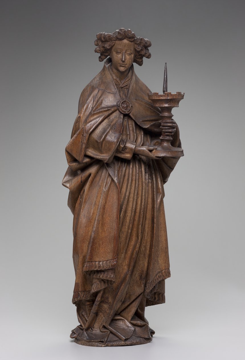 एंजेल होल्डिंग कैंडलस्टिक, c.1480-1500 (ओक) द्वारा नीदरलैंड के स्कूल