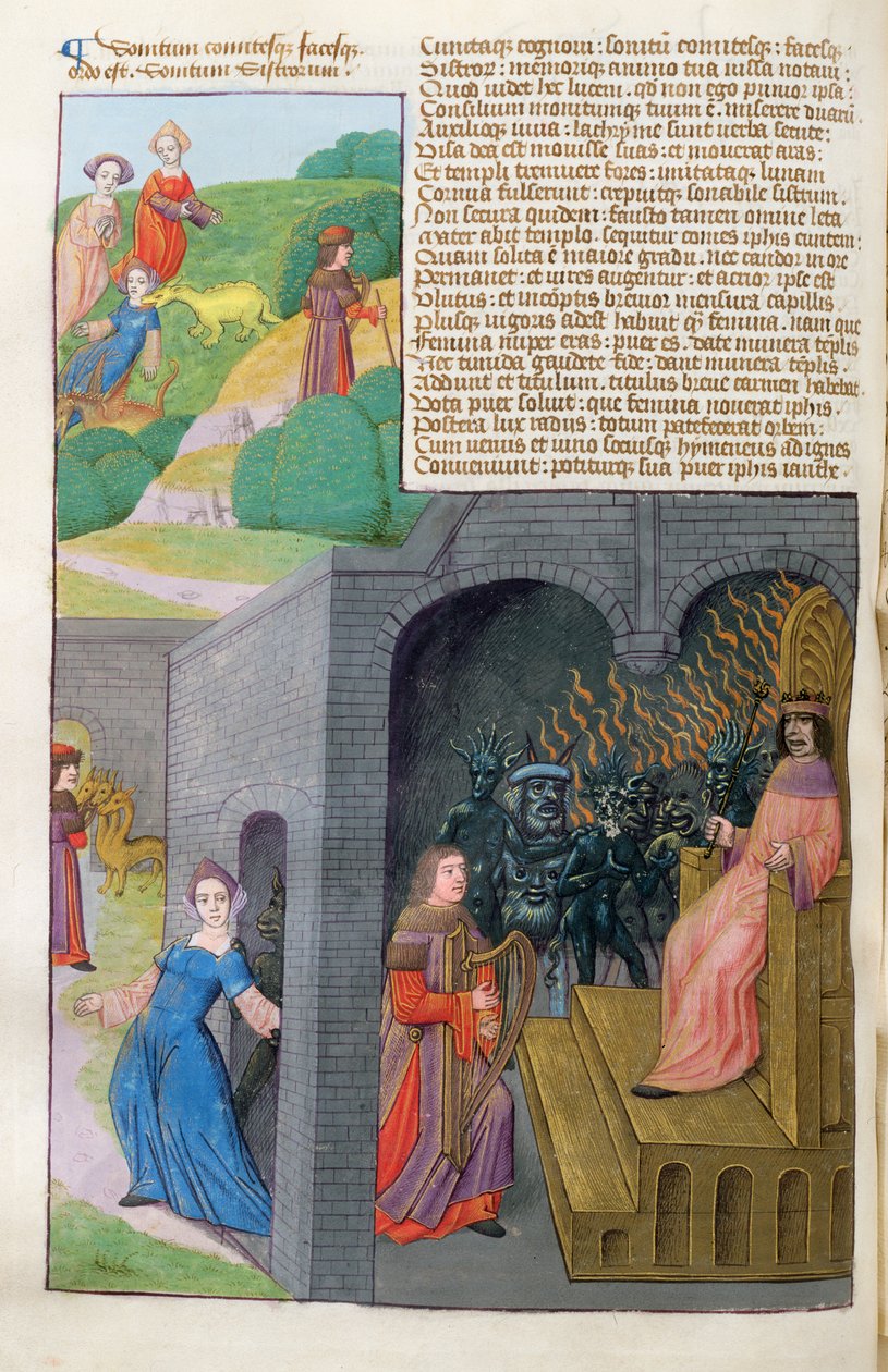 सुश्री 324 f.101 वी। ऑर्फियस एंड यूरीडिस, सेर्बेरस और प्लूटो, मेटामोर्फोसोज 10 से ओविड, 1479 द्वारा नीदरलैंड के स्कूल