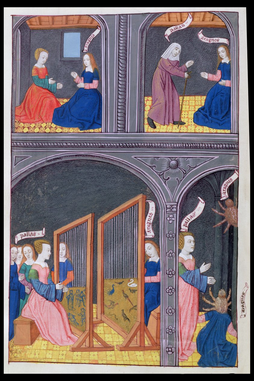 Ms 324 f.62 v। अर्चन पेलस को चुनौती देता है और एक मकड़ी बन जाती है, Metamorphoses 6 से Ovid, 1479 को द्वारा नीदरलैंड के स्कूल