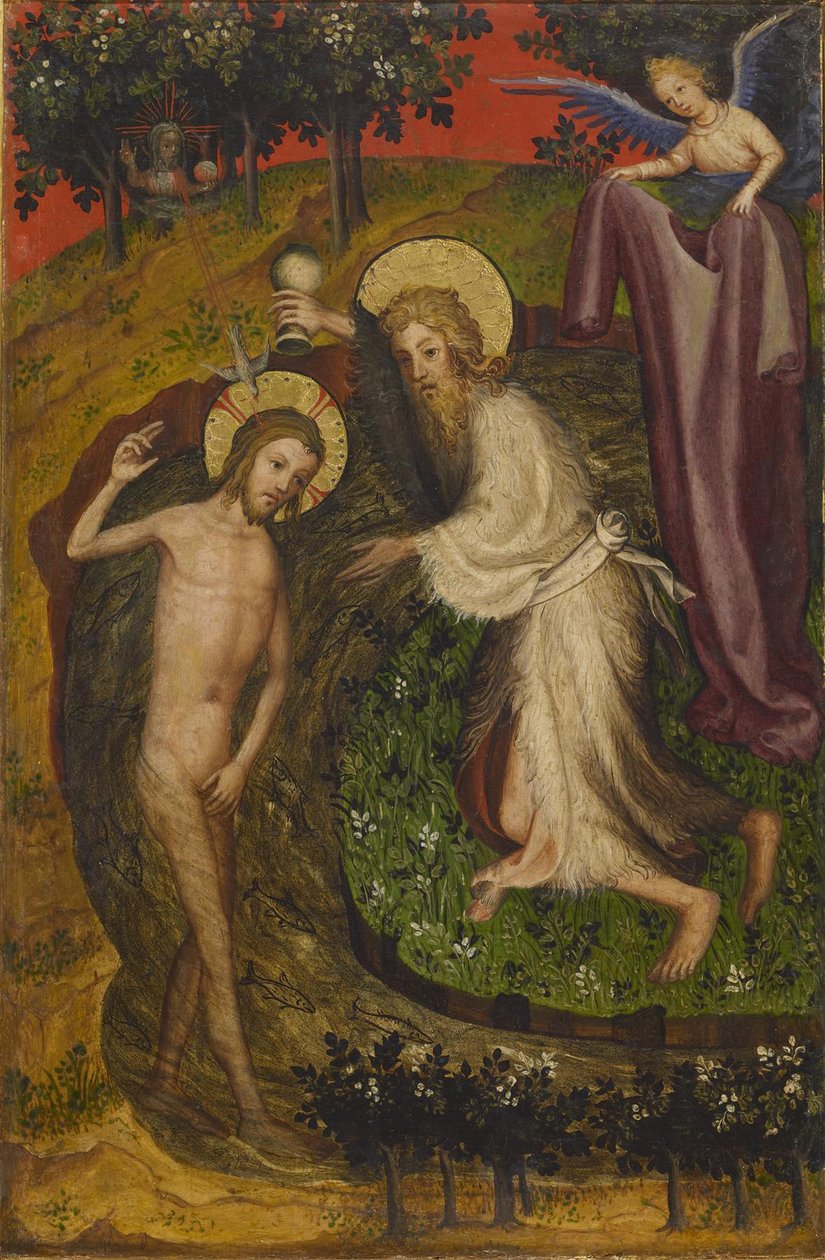 बपतिस्मा, एक तह वेपरपीस से, c.1400 (पैनल पर तापमान और सोने की पत्ती) द्वारा नीदरलैंड के स्कूल
