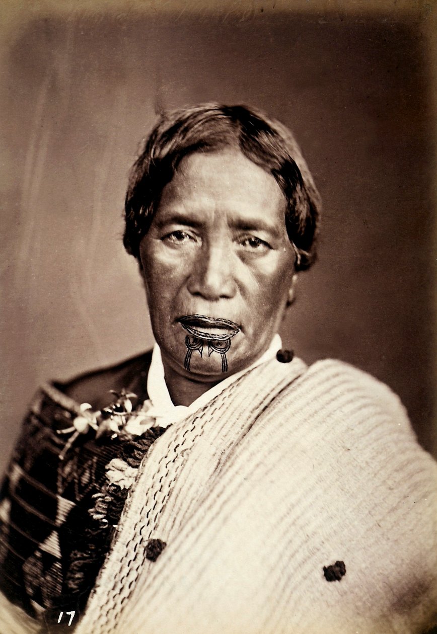 टाट वाले चेहरे के साथ एक माओरी का चित्र, c.1886-88 द्वारा न्यूजीलैंड फोटोग्राफर