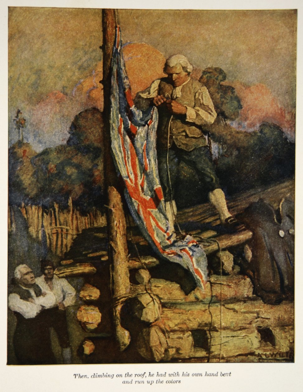 जब, छत पर चढ़ते हुए, वह अपने हाथों से झुकता था और रंगों को चलाता था, तो रॉबर्ट लुई स्टीवेंसन, पब द्वारा &39;ट्रेजर आइलैंड&39; का एक चित्र चार्ल्स स्क्रिबनर संस द्वारा, 1911 द्वारा न्यूवेल कन्वर्स व्याथ