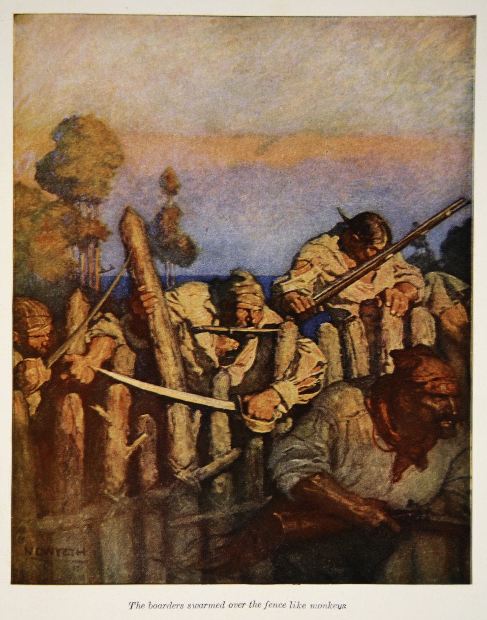 रॉबर्ट्स लुई स्टीवेन्सन, पब के &39;ट्रेजर आईलैंड&39; के एक चित्रण में, बंदरों की तरह बाड़ पर बोर्डर्स तैर गए। चार्ल्स स्क्रिबनर संस द्वारा, 1911 द्वारा न्यूवेल कन्वर्स व्याथ