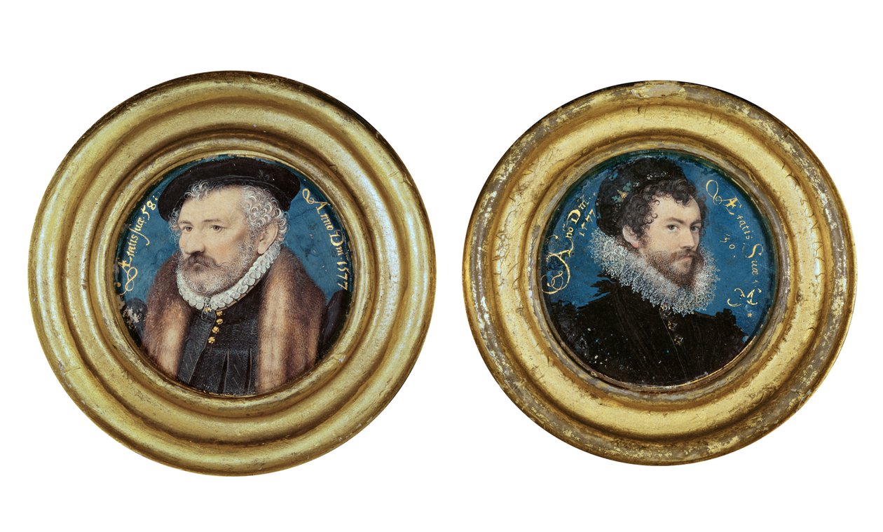 LtoR: रिचर्ड हिलियार्ड (151819-94) कलाकार पिता, c.1577, और सेल्फ पोर्ट्रेट, 1577 (कार्ड पर रखी गई वेल्लम पर wc) द्वारा निकोलस हिलियार्ड