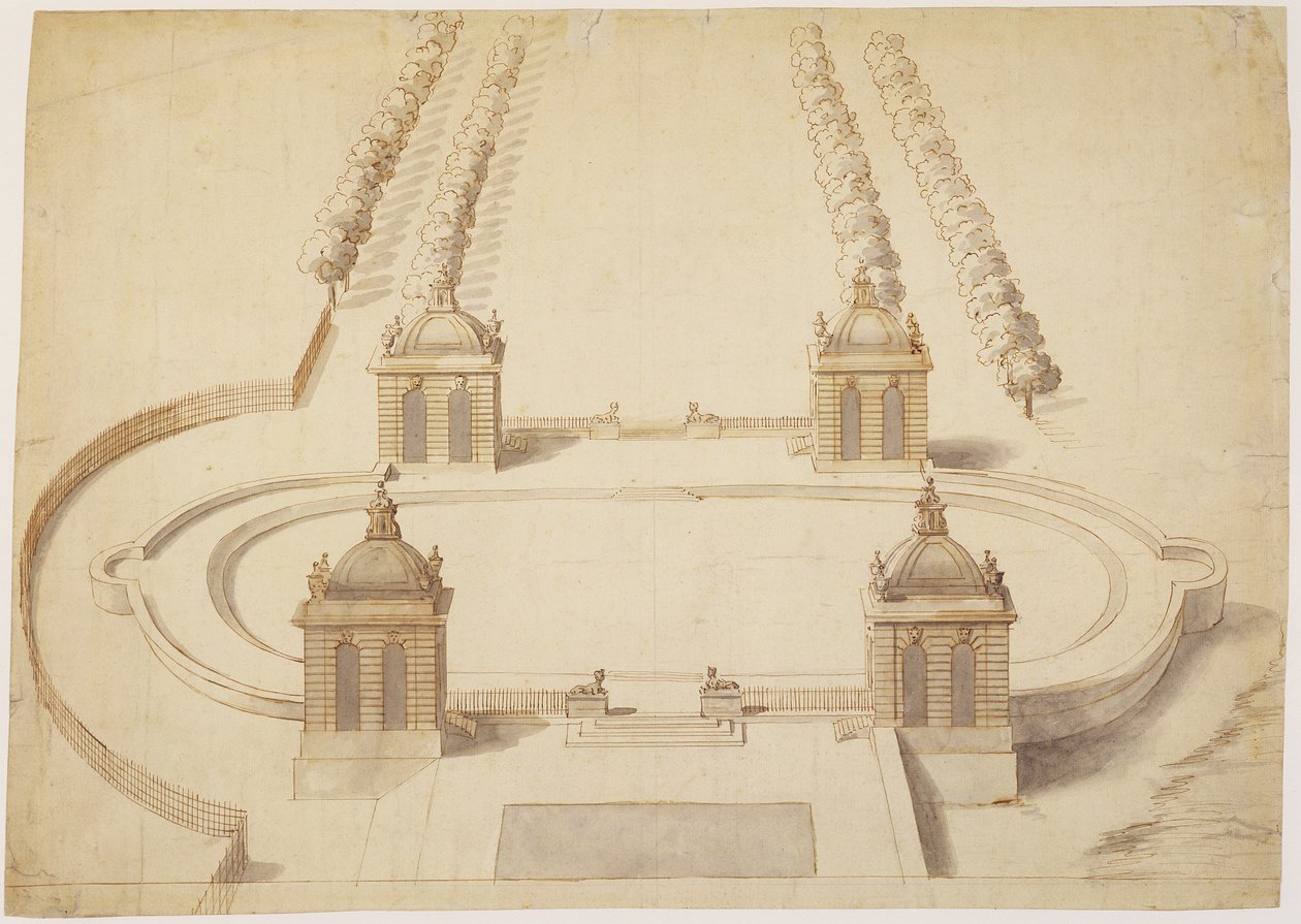 बॉलिंग ग्रीन, हैम्पटन कोर्ट के लिए डिजाइन, c.1689-91 (कागज पर भूरे रंग की स्याही, धो और ग्रेफाइट) द्वारा निकोलस हक्समूर