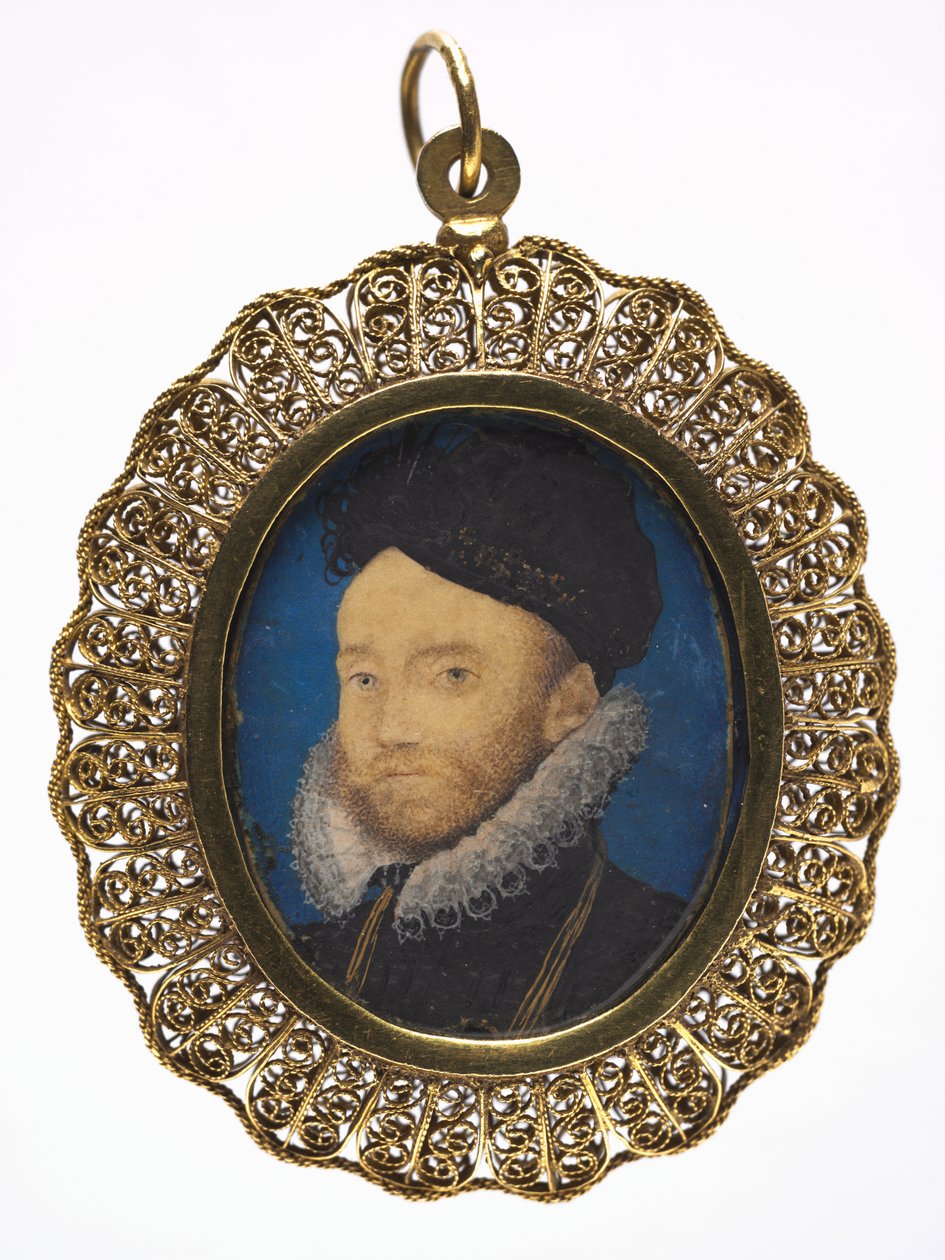 एक आदमी का पोर्ट्रेट, c.1590 (बाद के गिल्ट मेटल फ्रेम में वेल्लम पर w - c) द्वारा निकोलस हिलियार्ड