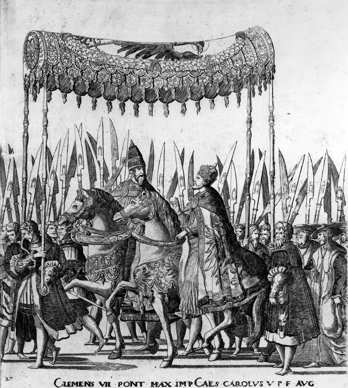 24 फरवरी 1530, प्लेट 27, c.1530 (472273 का विवरण) में बोलोग्ना में पोप क्लेमेंट VII और सम्राट चार्ल्स V की प्रविष्टि द्वारा निकोलस होजनबर्ग
