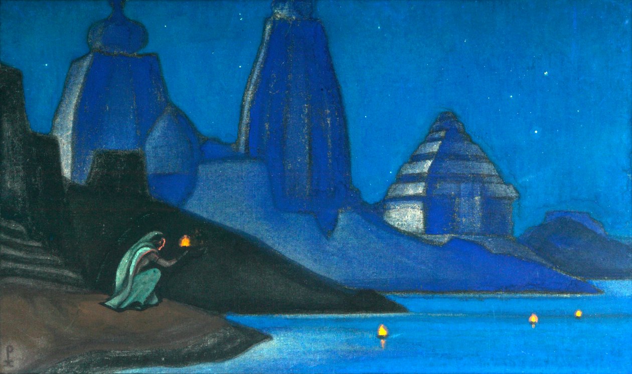 फ़्लेम ऑफ़ हैप्पीनेस लाइट्स ऑन द गंगा', 1947। द्वारा निकोलस रोएरिच