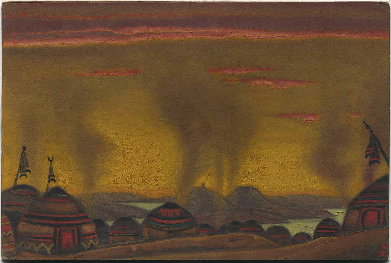 पोलोवेट्सियन कैम्प, बोरोडिन के ओपेरा "प्रिंस इगोर", 1943 से "पोलोवेट्सियन नृत्य" के लिए सजावट द्वारा निकोलस रोएरिच
