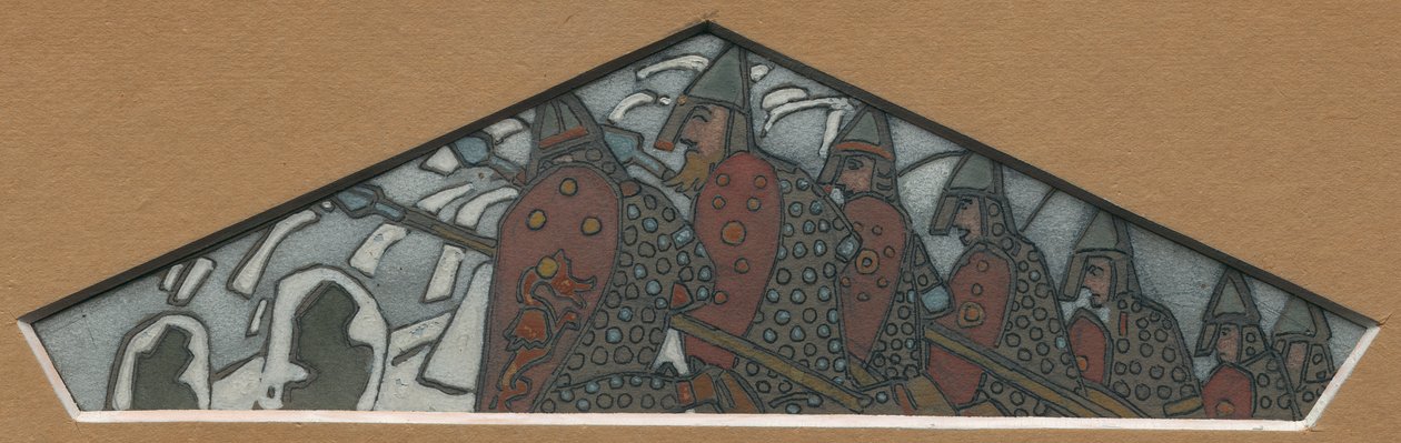 मेजोलिका फ्रेज़ "उत्तरी जीवन", 1905 की सबसे सही त्रिकोणीय सजावट के लिए स्केच द्वारा निकोलस रोएरिच